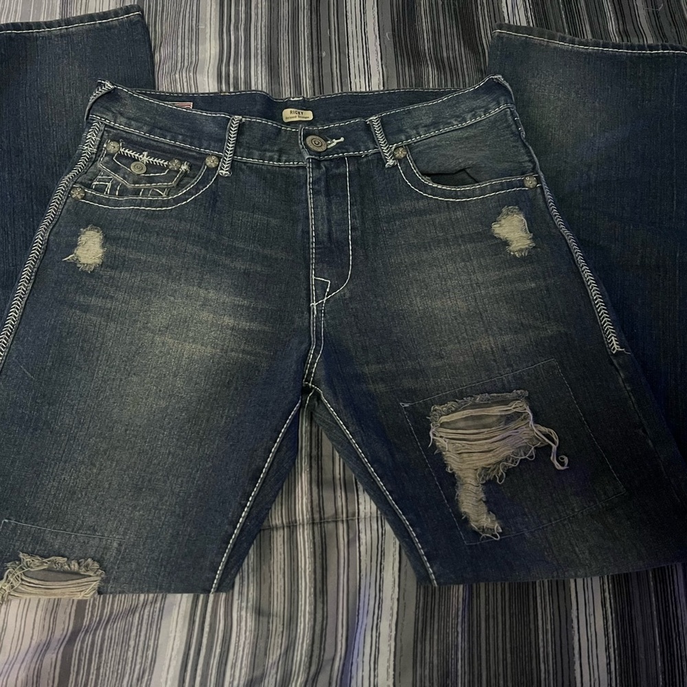 True Religion Men's Relaxed Distressed Dark Blue Jeans